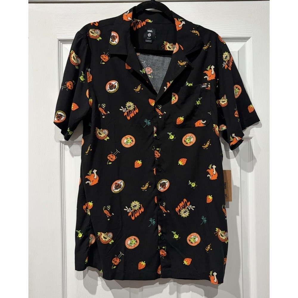 VANS Button Up Shirt Men's Size M Black Graphic Print Short Sleeve Retro Preppy